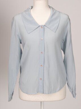 Vintage 80s Avon Fashions 100% Silk Oversized Collar Ice Blue Blouse XS Retro